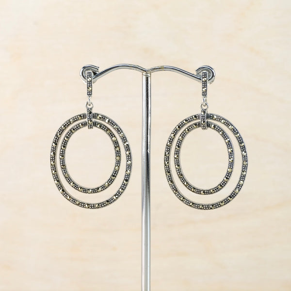 Marcasite and Silver Double Circle Drop Earrings.