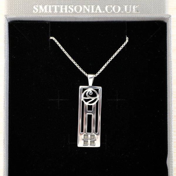 Vintage Sterling Silver Mackintosh Style Rectangular Pendant Necklace.
