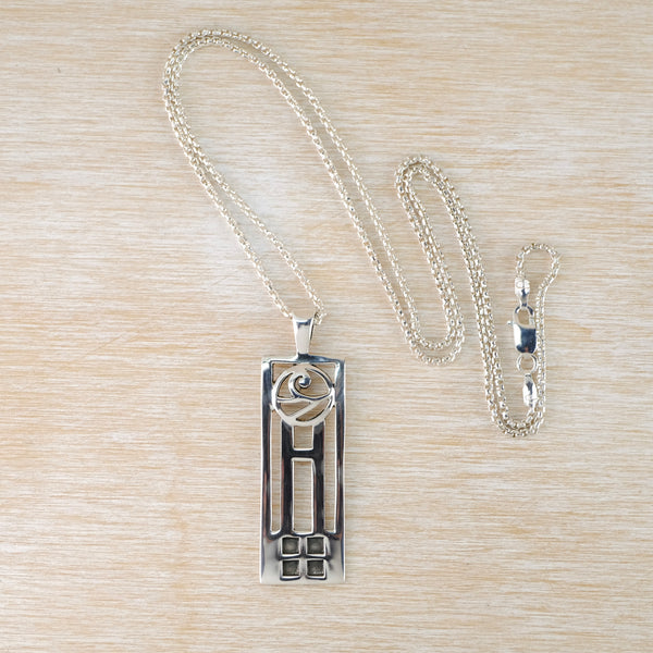 Vintage Sterling Silver Mackintosh Style Rectangular Pendant Necklace.
