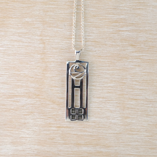 Vintage Sterling Silver Mackintosh Style Rectangular Pendant Necklace.
