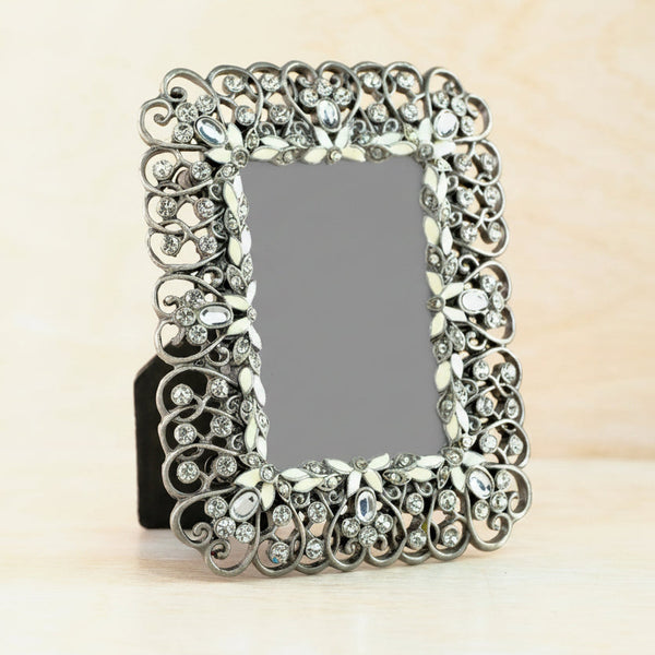 Jewelled Rectangular Photo Frame with Cream Enamel.