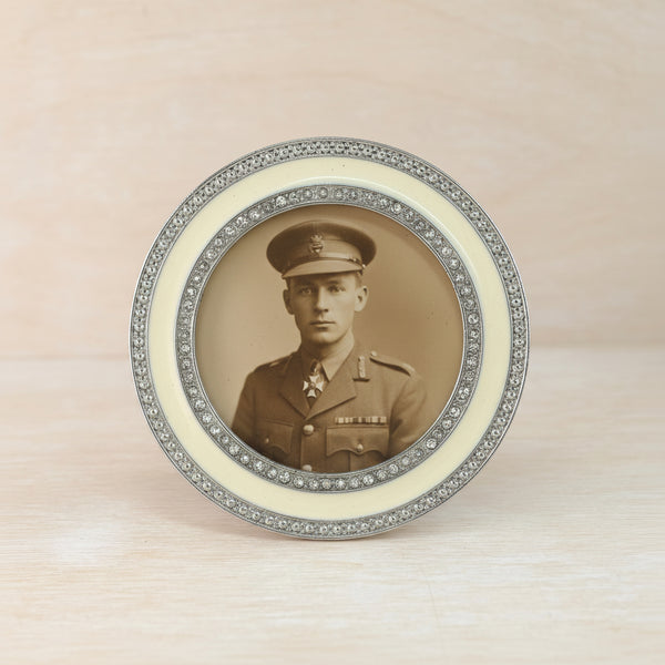 Cream Enamelled and Jewelled Round Mini Photo Frame.