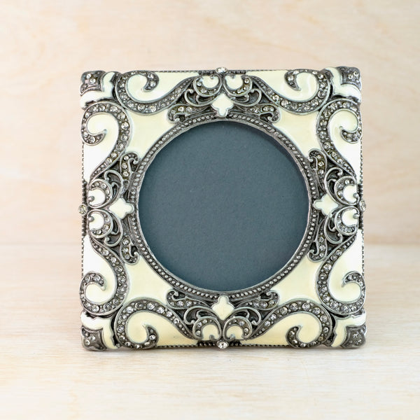 Cream Enamelled and Jewelled Square Mini Photo Frame.