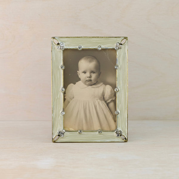 Cream Enamelled and Bejewelled Oval Rectangular Mini Photo Frame.