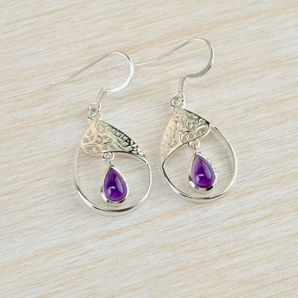 Filigree Sterling Silver and Cabochon Amethyst Drop Earrings.