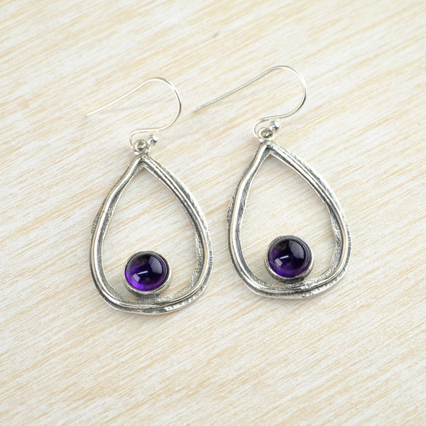 Open Tear Drop Sterling Silver and Amethyst Drop Earrings.
