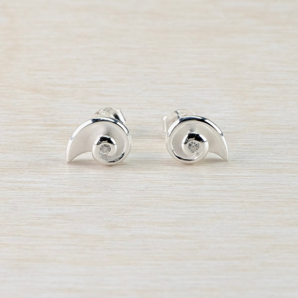 Satin Silver and Cz Shell Stud Earrings by JB Designs.