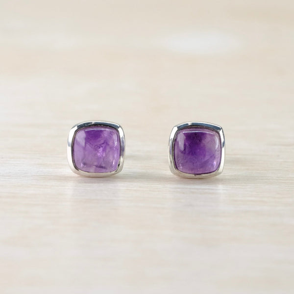 Square Silver and Cabochon Amethyst Stud Earrings.
