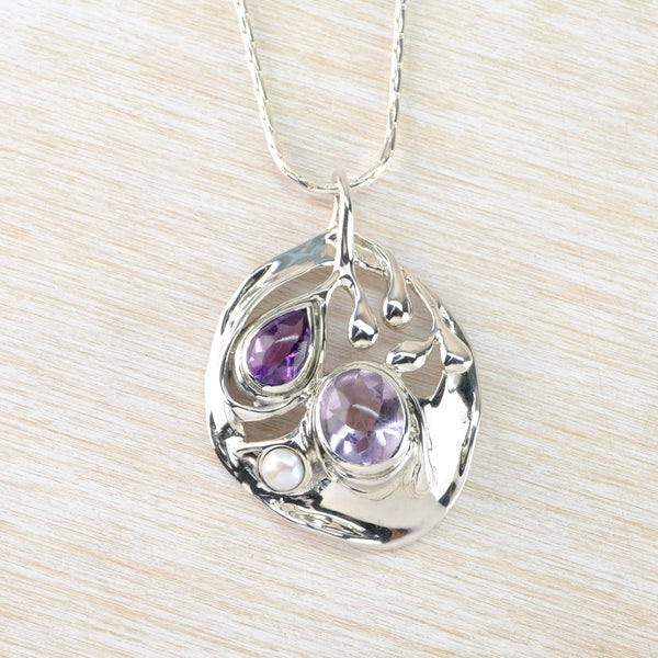 Stunning Statement Sterling Silver, Amethyst and Pearl Pendant.