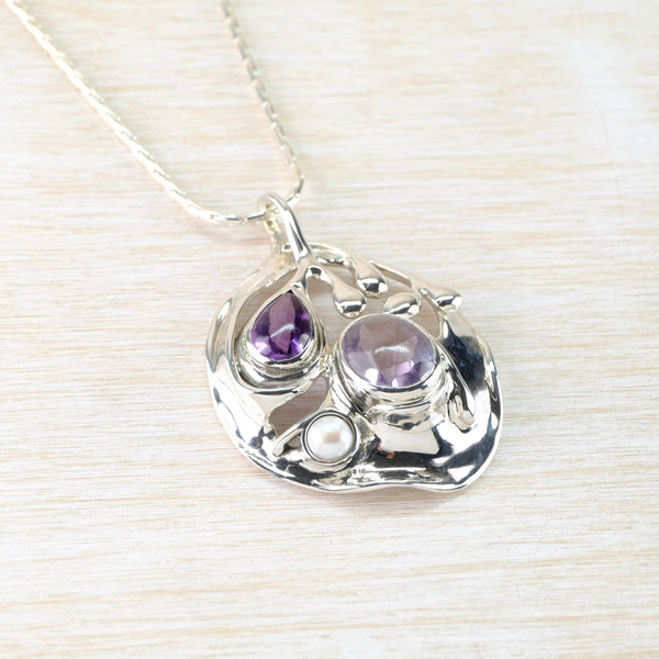 Stunning Statement Sterling Silver, Amethyst and Pearl Pendant.