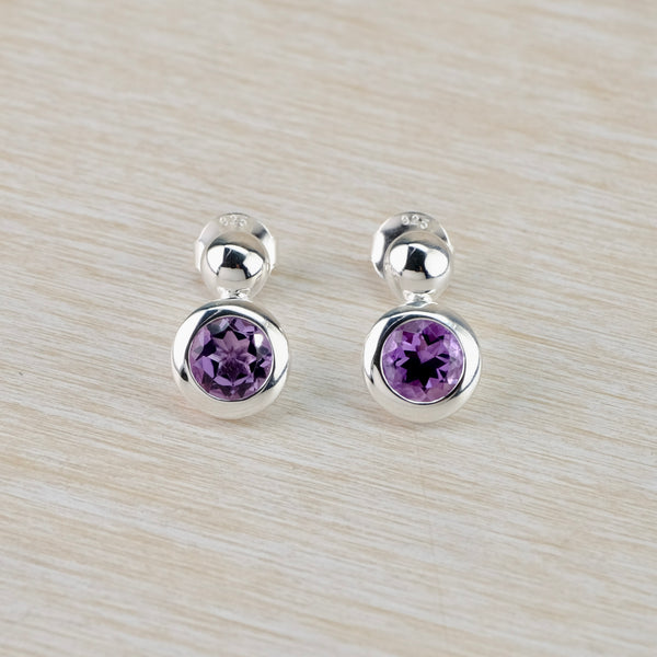 Double Circle Sterling Silver and Amethyst Stud Earrings.