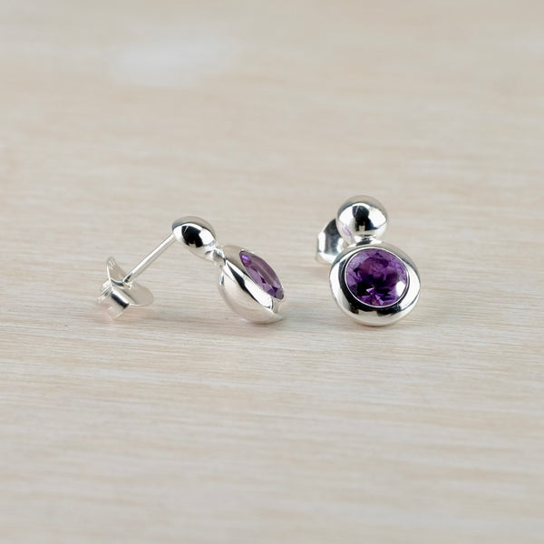 Double Circle Sterling Silver and Amethyst Stud Earrings.