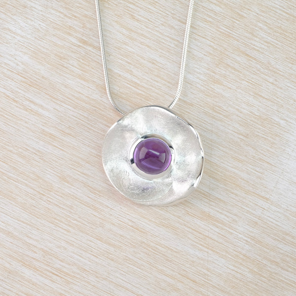 Round Amethyst and Textured Silver Pendant by JB Designs.
