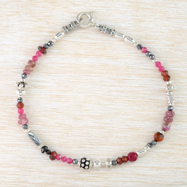 Tourmaline, Garnet, Ruby Quartz and Silver Beaded Bracelet by Emily Merrix.