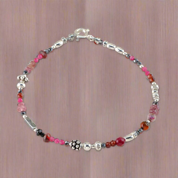 Tourmaline, Garnet, Ruby Quartz and Silver Beaded Bracelet by Emily Merrix.
