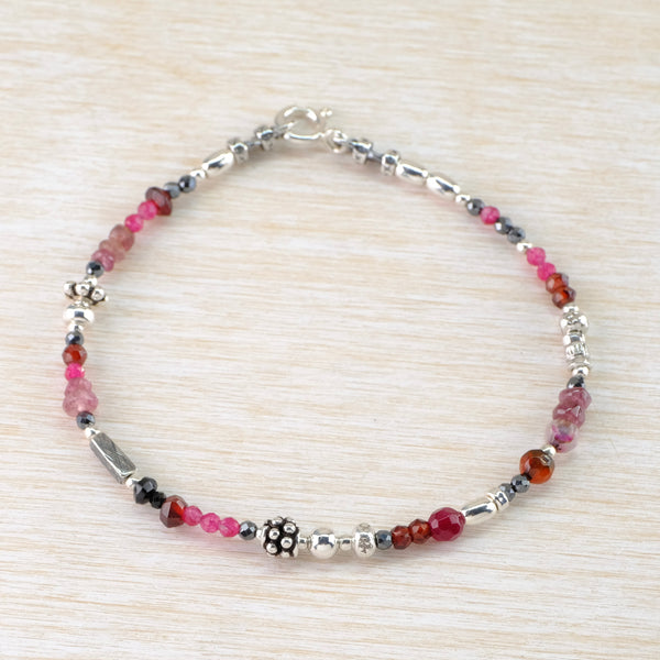 Tourmaline, Garnet, Ruby Quartz and Silver Beaded Bracelet by Emily Merrix.