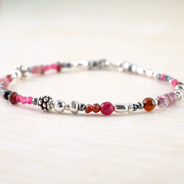 Tourmaline, Garnet, Ruby Quartz and Silver Beaded Bracelet by Emily Merrix.