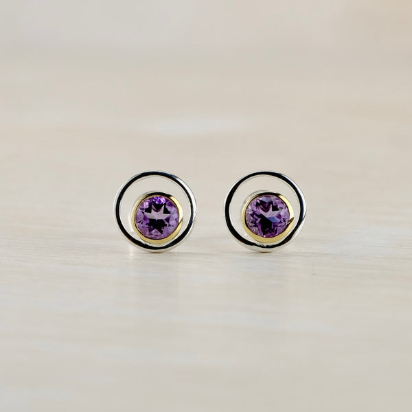 Sterling Silver and Amethyst Stud Earrings with Gold-Plated Detail by JB Designs.