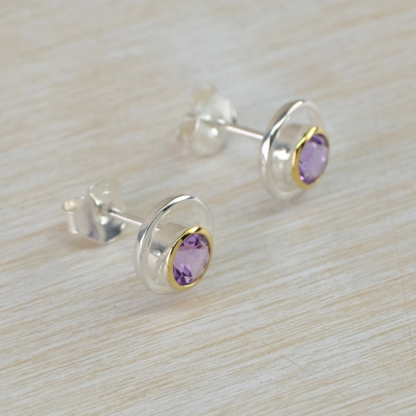 Sterling Silver and Amethyst Stud Earrings with Gold-Plated Detail by JB Designs.