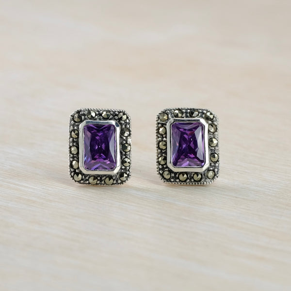 Marcasite, Purple CZ and Silver Stud Earrings .
