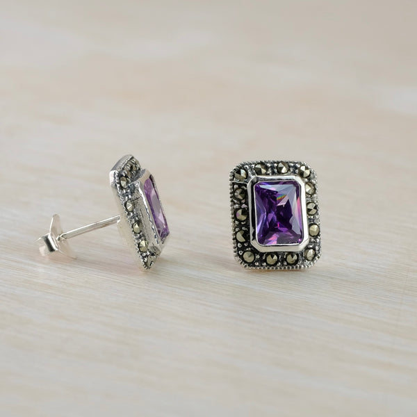 Marcasite, Purple CZ and Silver Stud Earrings .