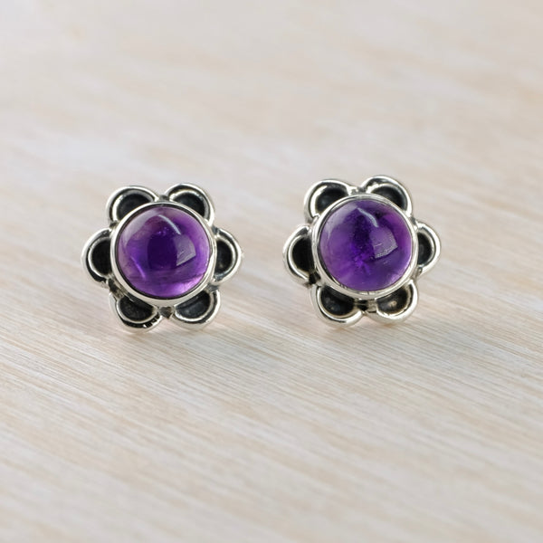Sterling Silver and Amethyst Flower Stud Earrings.
