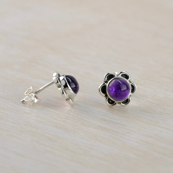 Sterling Silver and Amethyst Flower Stud Earrings.