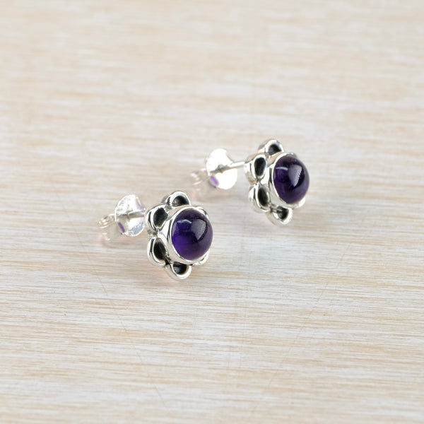 Sterling Silver and Amethyst Flower Stud Earrings.