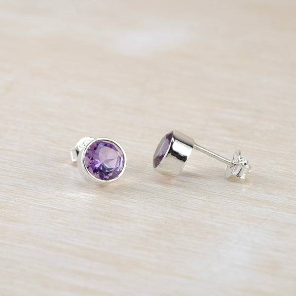 Simple Round Sterling Silver and Amethyst Stud Earrings.