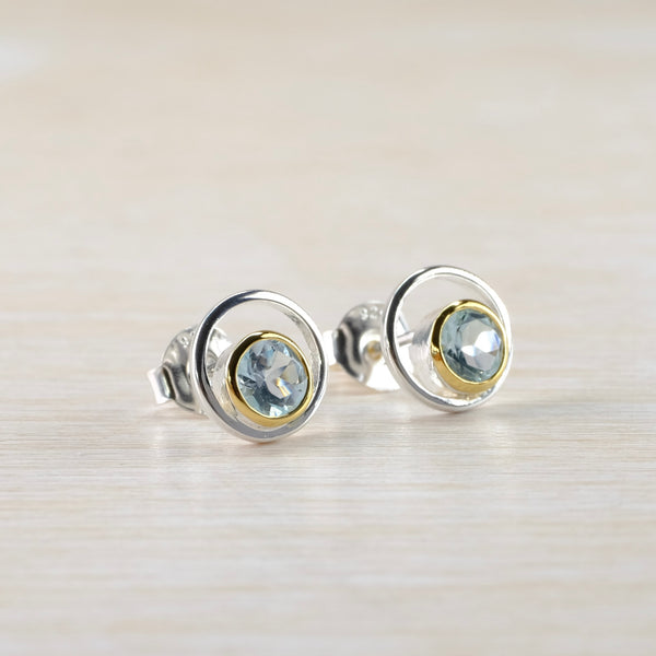 Silver, Blue Topaz and Gold Plate Stud Earrings by JB Designs.