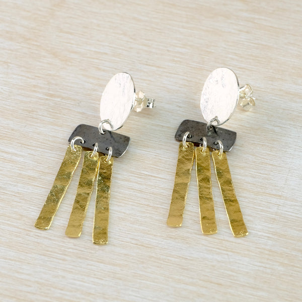 Three Colour Textured Articulated Silver Long Drop Earrings by JB Designs.
