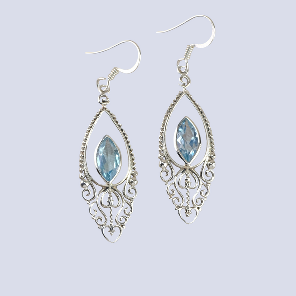 Ornate Silver and Blue Topaz Drop Earrings.