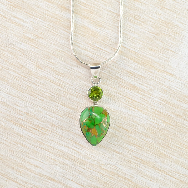 Silver, Green Mojave Turquoise and Peridot Pendant.