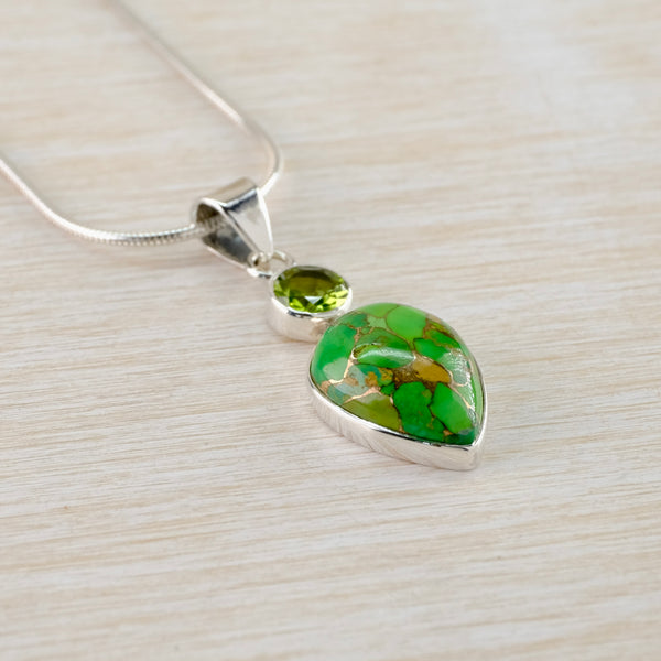Silver, Green Mojave Turquoise and Peridot Pendant.