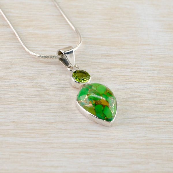 Silver, Green Mojave Turquoise and Peridot Pendant.