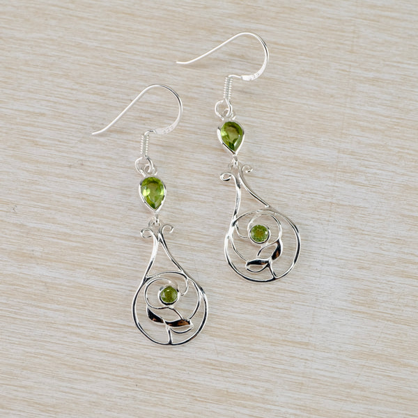 Art Nouveau Style Silver and Peridot Drop Earrings.