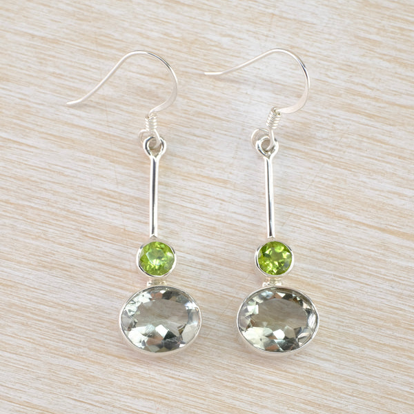Green Amethyst, Peridot and Silver Drop Earrings.