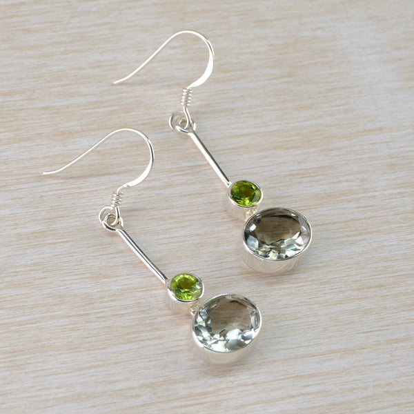 Green Amethyst, Peridot and Silver Drop Earrings.