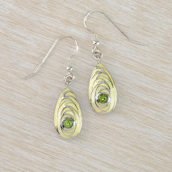 Silver, Yellow Enamel and Peridot Drop Earrings by Nicole Barr.