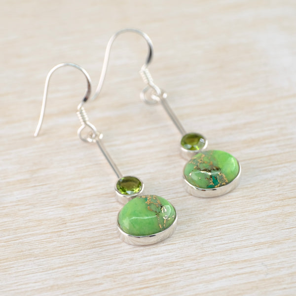 Silver, Peridot and Green Mojave Turquoise Drop Earrings.