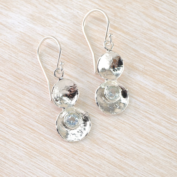 Silver and Blue Topaz Disc Drop Earrings by Jb Designs.
