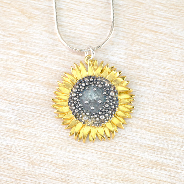 Handmade Large Silver Sunflower Pendant by Sheena McMaster.