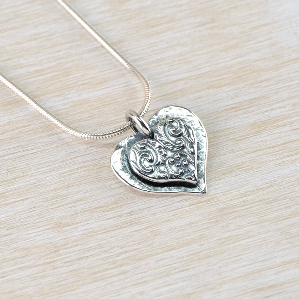 Textured Silver Double Heart Pendant.
