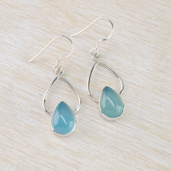 Tear Drop Sterling Silver and Chalcedony Drop Earrings.