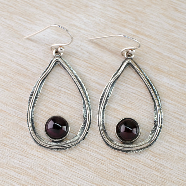 Open Teardrop Sterling Silver and Cabachon Garnet Drops.