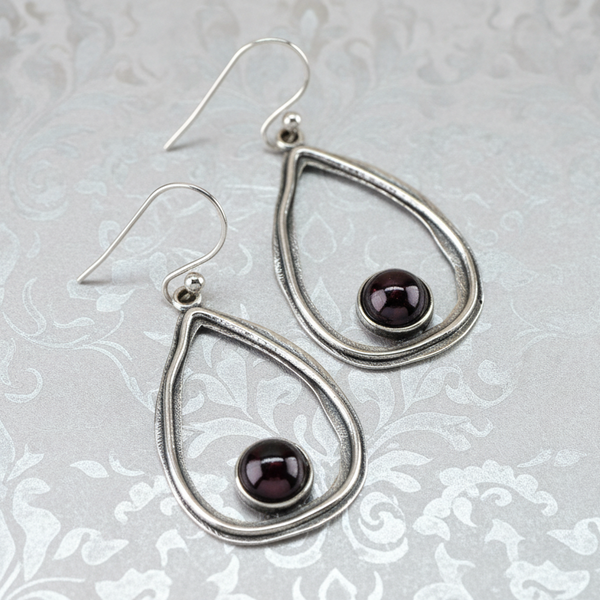 Open Teardrop Sterling Silver and Cabachon Garnet Drops.