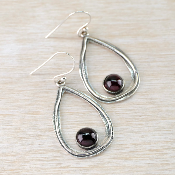 Open Teardrop Sterling Silver and Cabachon Garnet Drops.