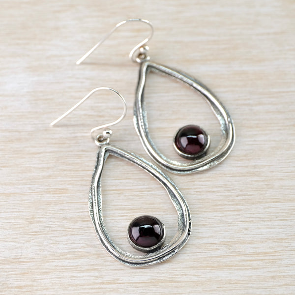 Open Teardrop Sterling Silver and Cabachon Garnet Drops.