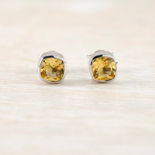 Silver and Citrine Square Stud Earrings.