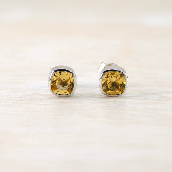 Silver and Citrine Square Stud Earrings.